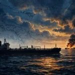 An editorial illustration of an oil tanker silhouetted on a strait at dusk with dark smoke and fire on the horizon over dark waves, October 2026