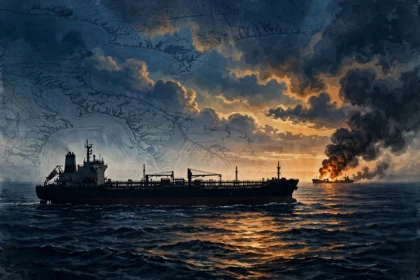 An editorial illustration of an oil tanker silhouetted on a strait at dusk with dark smoke and fire on the horizon over dark waves, October 2026
