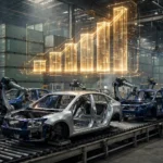 AI-generated editorial illustration of a car assembly plant: robotic arms working on car bodies along a conveyor belt, workers in navy uniforms and hard hats, stacked green export shipping containers in the background, and a glowing golden holographic rising bar chart above the factory floor.