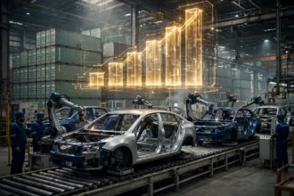 AI-generated editorial illustration of a car assembly plant: robotic arms working on car bodies along a conveyor belt, workers in navy uniforms and hard hats, stacked green export shipping containers in the background, and a glowing golden holographic rising bar chart above the factory floor.