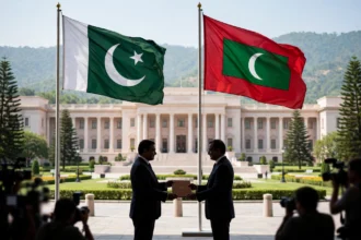 Editorial illustration of the Pakistani and Maldivian flags flying side by side on flagpoles in front of a government building in Islamabad while two suited officials exchange a signed document folder at a ceremony, with photographers in the foreground