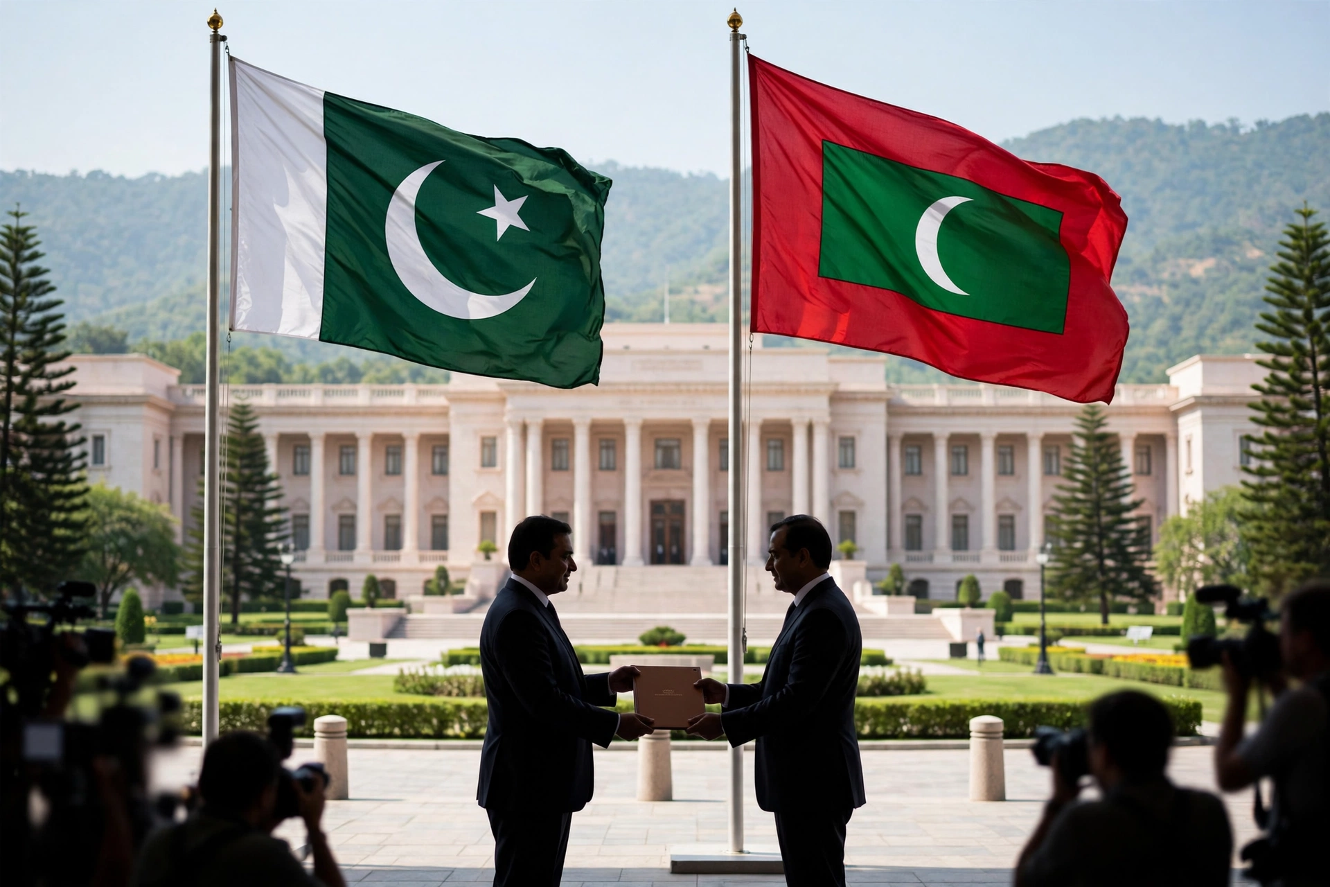 Editorial illustration of the Pakistani and Maldivian flags flying side by side on flagpoles in front of a government building in Islamabad while two suited officials exchange a signed document folder at a ceremony, with photographers in the foreground