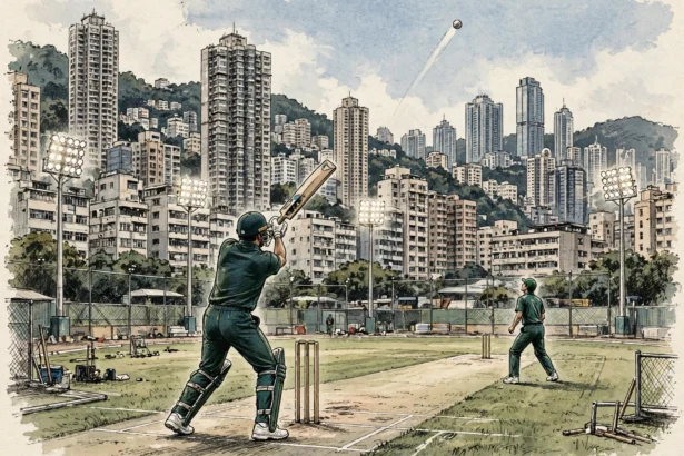 Cricket batsman in a dark green kit playing a lofted shot at a Hong Kong ground with tall buildings and floodlights behind him