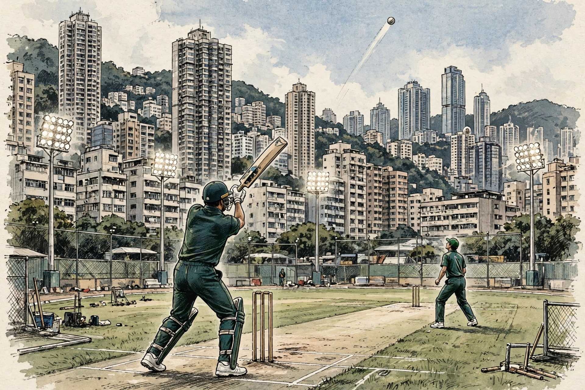 Cricket batsman in a dark green kit playing a lofted shot at a Hong Kong ground with tall buildings and floodlights behind him