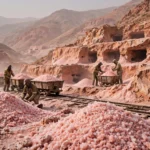 Miners loading pink rock salt into carts at a terraced salt mine in Pakistan's Salt Range