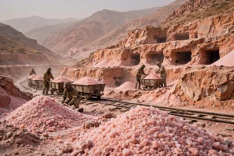 Miners loading pink rock salt into carts at a terraced salt mine in Pakistan's Salt Range