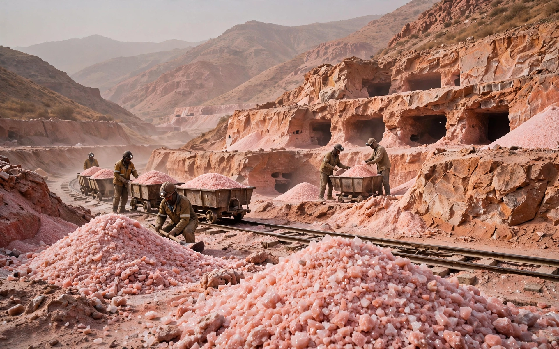 Miners loading pink rock salt into carts at a terraced salt mine in Pakistan's Salt Range