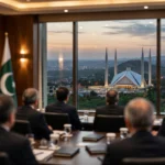 An editorial illustration of officials seated at a meeting table in Islamabad with Pakistan flags and the Faisal Mosque visible through large windows at dusk
