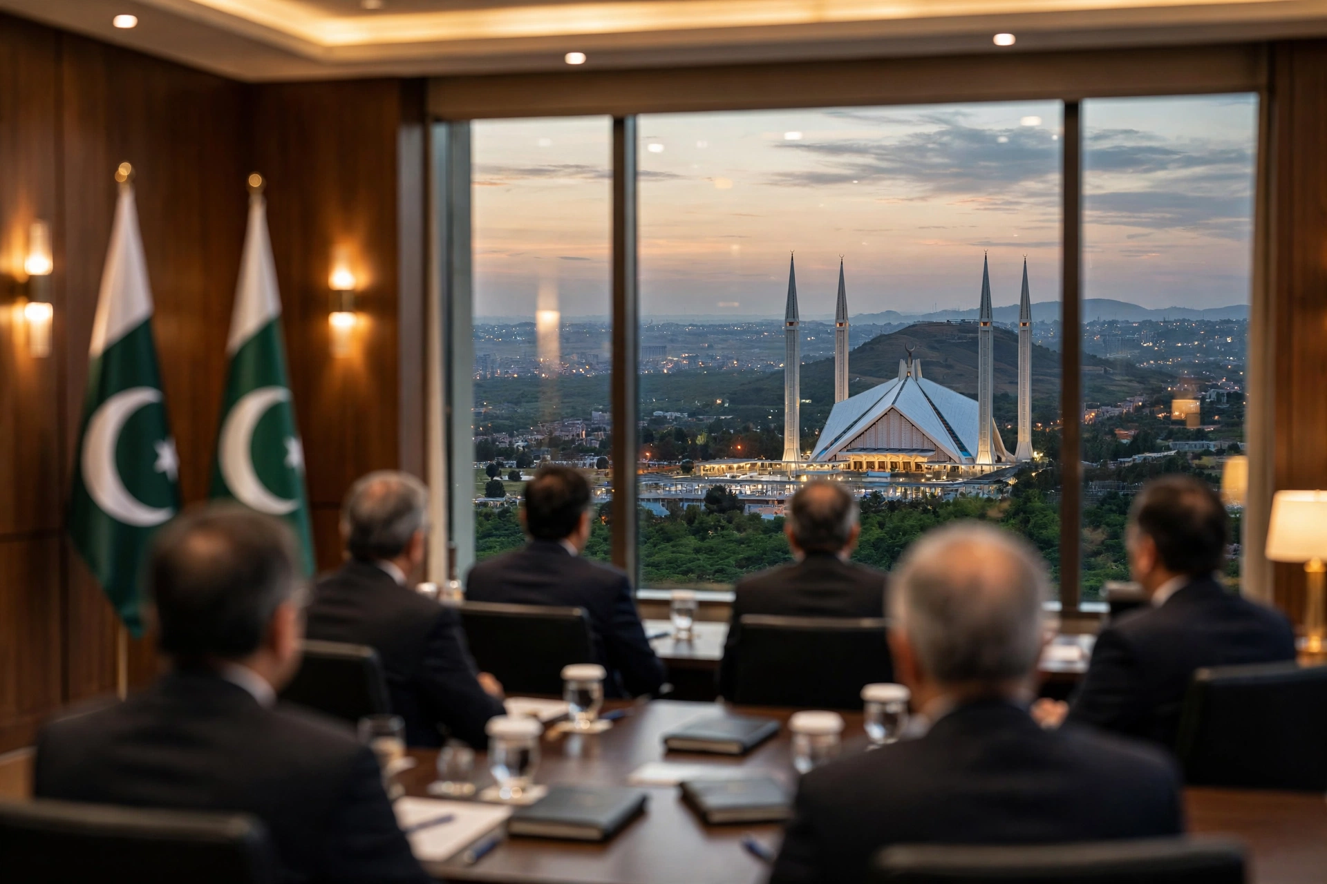 An editorial illustration of officials seated at a meeting table in Islamabad with Pakistan flags and the Faisal Mosque visible through large windows at dusk