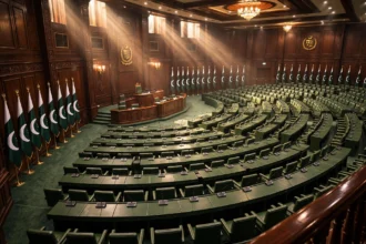Empty Senate chamber with rows of green desks and microphones, Pakistani flags lined along a wood-panelled wall, and sunlight streaming through tall windows.
