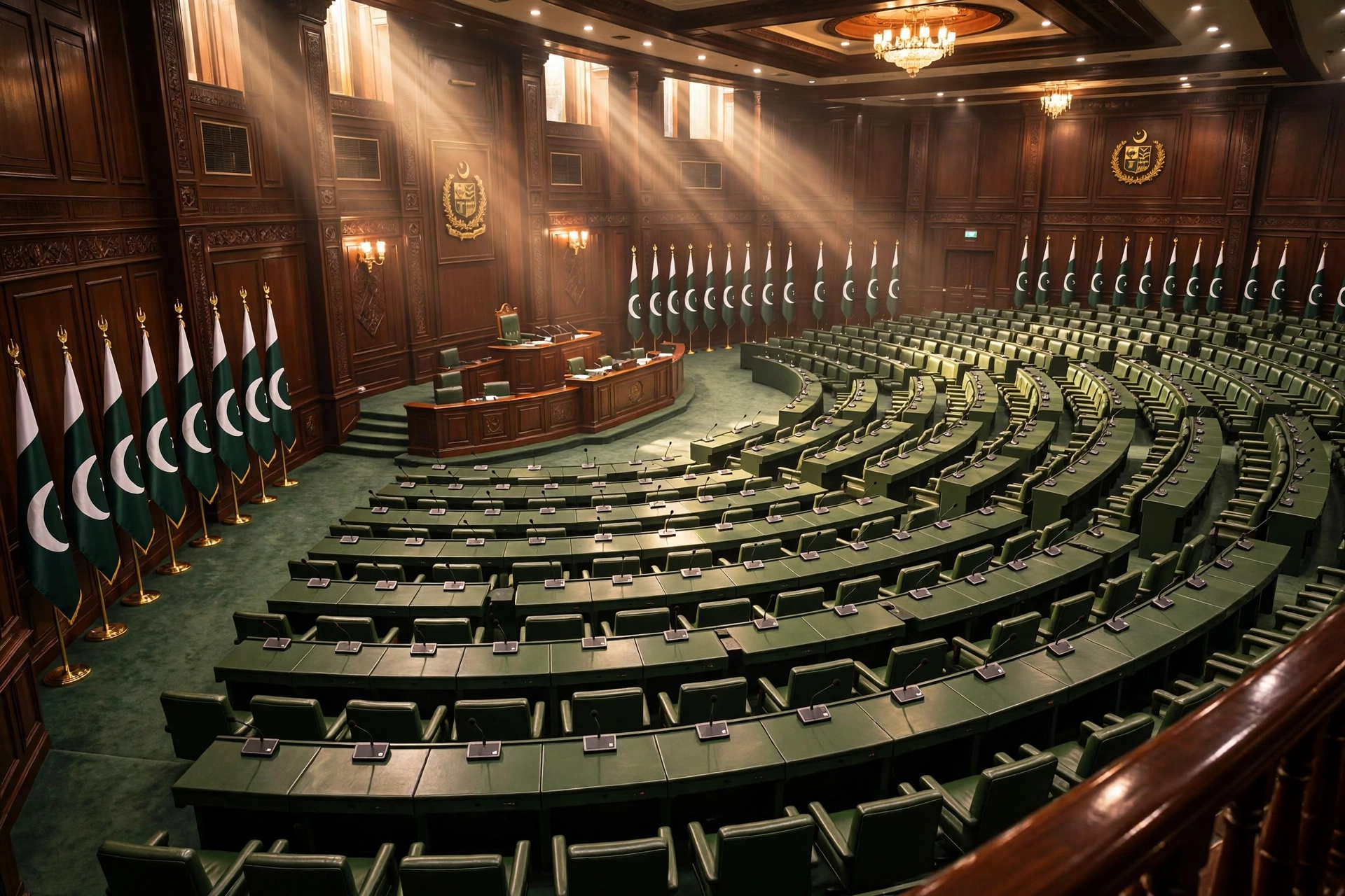 Empty Senate chamber with rows of green desks and microphones, Pakistani flags lined along a wood-panelled wall, and sunlight streaming through tall windows.