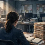 A journalist seen from behind at a newsroom desk with a laptop, notebook, a tall stack of tied legal case files and a wooden gavel