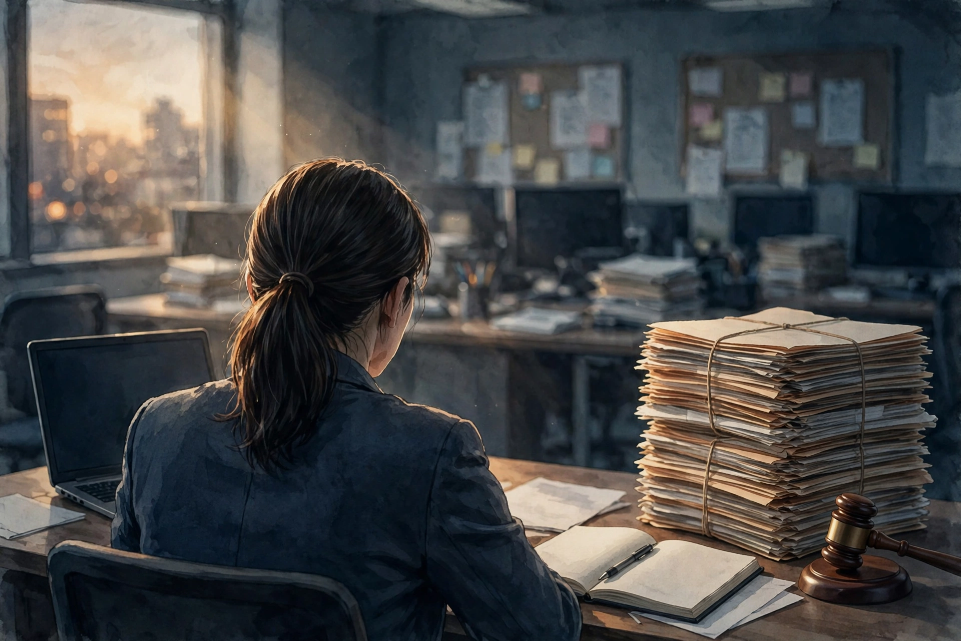 A journalist seen from behind at a newsroom desk with a laptop, notebook, a tall stack of tied legal case files and a wooden gavel