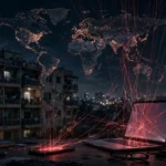 AI-generated editorial illustration of a night-time Karachi apartment building with a desk in the foreground holding a glowing smartphone and laptop, thin red threads rising from the screens into a dark world map made of glowing network nodes.