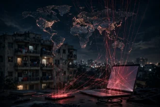 AI-generated editorial illustration of a night-time Karachi apartment building with a desk in the foreground holding a glowing smartphone and laptop, thin red threads rising from the screens into a dark world map made of glowing network nodes.
