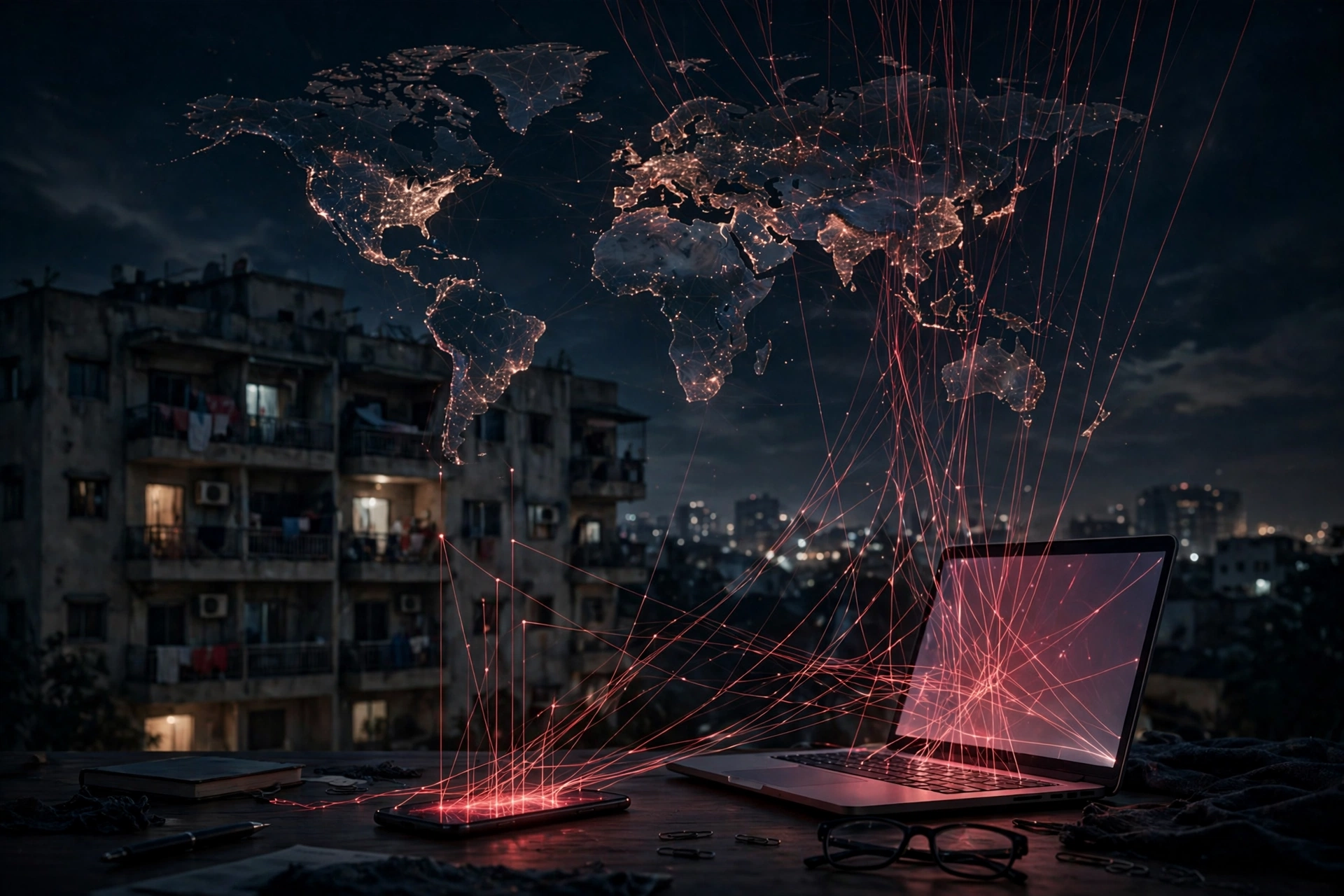 AI-generated editorial illustration of a night-time Karachi apartment building with a desk in the foreground holding a glowing smartphone and laptop, thin red threads rising from the screens into a dark world map made of glowing network nodes.