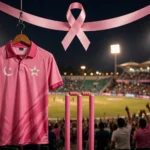 Editorial illustration of a pink Pakistan cricket jersey on a hanger with pink-painted cricket stumps and a large pink breast cancer awareness ribbon, floodlit stadium and cheering crowd behind.