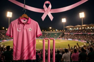 Editorial illustration of a pink Pakistan cricket jersey on a hanger with pink-painted cricket stumps and a large pink breast cancer awareness ribbon, floodlit stadium and cheering crowd behind.