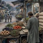 Shopkeeper counting banknotes at a market vegetable stall beside stacked flour sacks at dusk