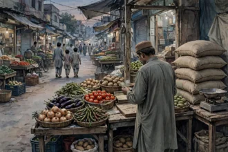 Shopkeeper counting banknotes at a market vegetable stall beside stacked flour sacks at dusk