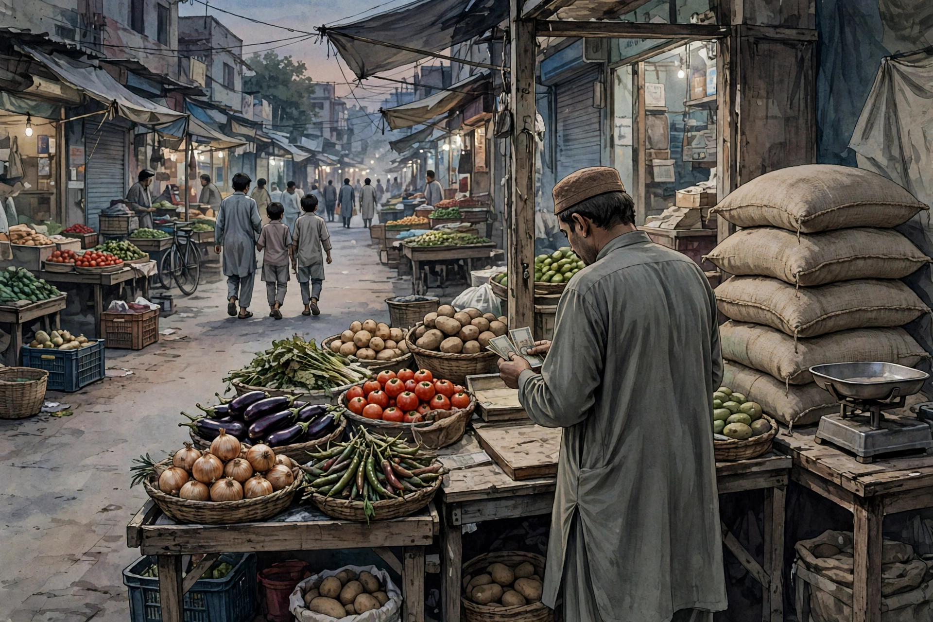 Shopkeeper counting banknotes at a market vegetable stall beside stacked flour sacks at dusk