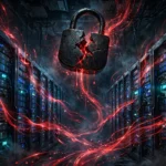 AI-generated editorial illustration of a dark server room with rows of glowing server racks, a large cracked padlock floating above them, and streams of red warning code flowing across the scene.