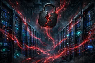 AI-generated editorial illustration of a dark server room with rows of glowing server racks, a large cracked padlock floating above them, and streams of red warning code flowing across the scene.