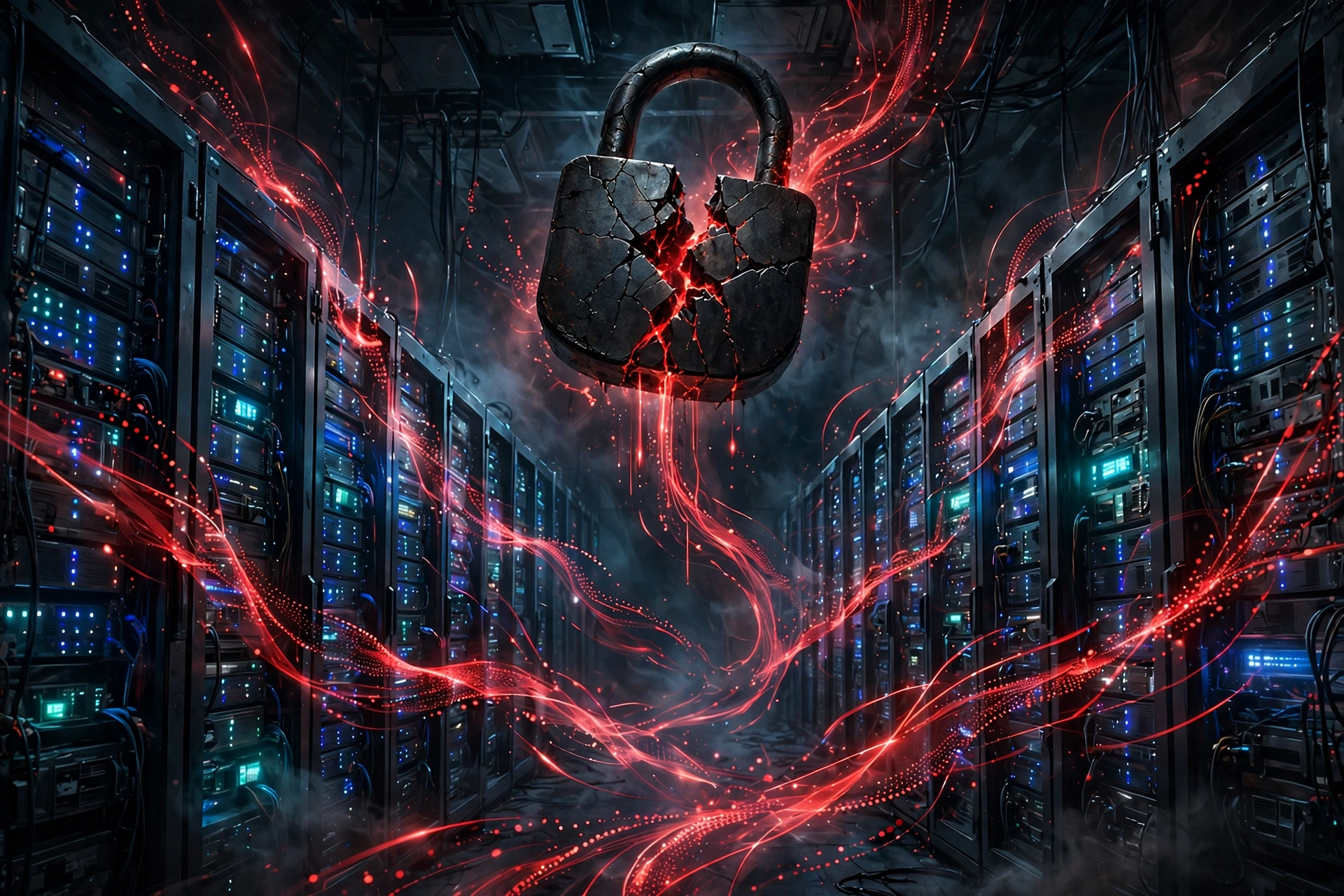 AI-generated editorial illustration of a dark server room with rows of glowing server racks, a large cracked padlock floating above them, and streams of red warning code flowing across the scene.