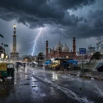 Rain clouds and lightning over Lahore skyline during Pakistan thunderstorms forecast October 2026