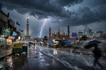 Rain clouds and lightning over Lahore skyline during Pakistan thunderstorms forecast October 2026