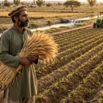 An editorial illustration of a Pakistani wheat farmer holding wheat sheaves in a golden wheat field at sowing season, with a tractor and irrigation channel in the background, October 2026