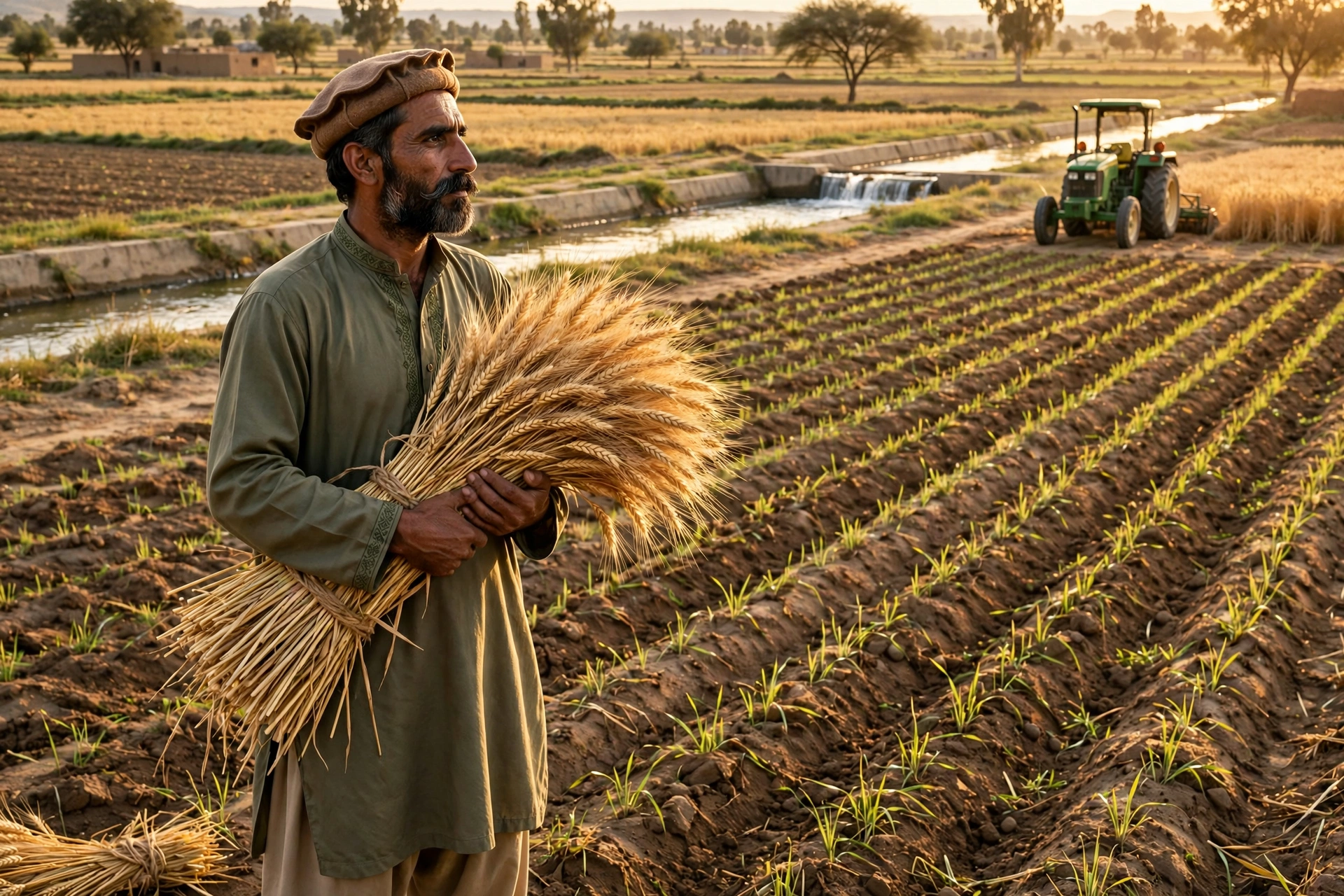An editorial illustration of a Pakistani wheat farmer holding wheat sheaves in a golden wheat field at sowing season, with a tractor and irrigation channel in the background, October 2026