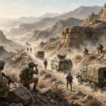 Editorial illustration of Pakistani soldiers and an army convoy conducting a security operation in the rocky mountains of Balochistan, October 2026