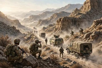 Editorial illustration of Pakistani soldiers and an army convoy conducting a security operation in the rocky mountains of Balochistan, October 2026