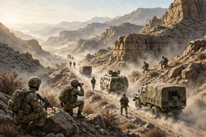 Editorial illustration of Pakistani soldiers and an army convoy conducting a security operation in the rocky mountains of Balochistan, October 2026