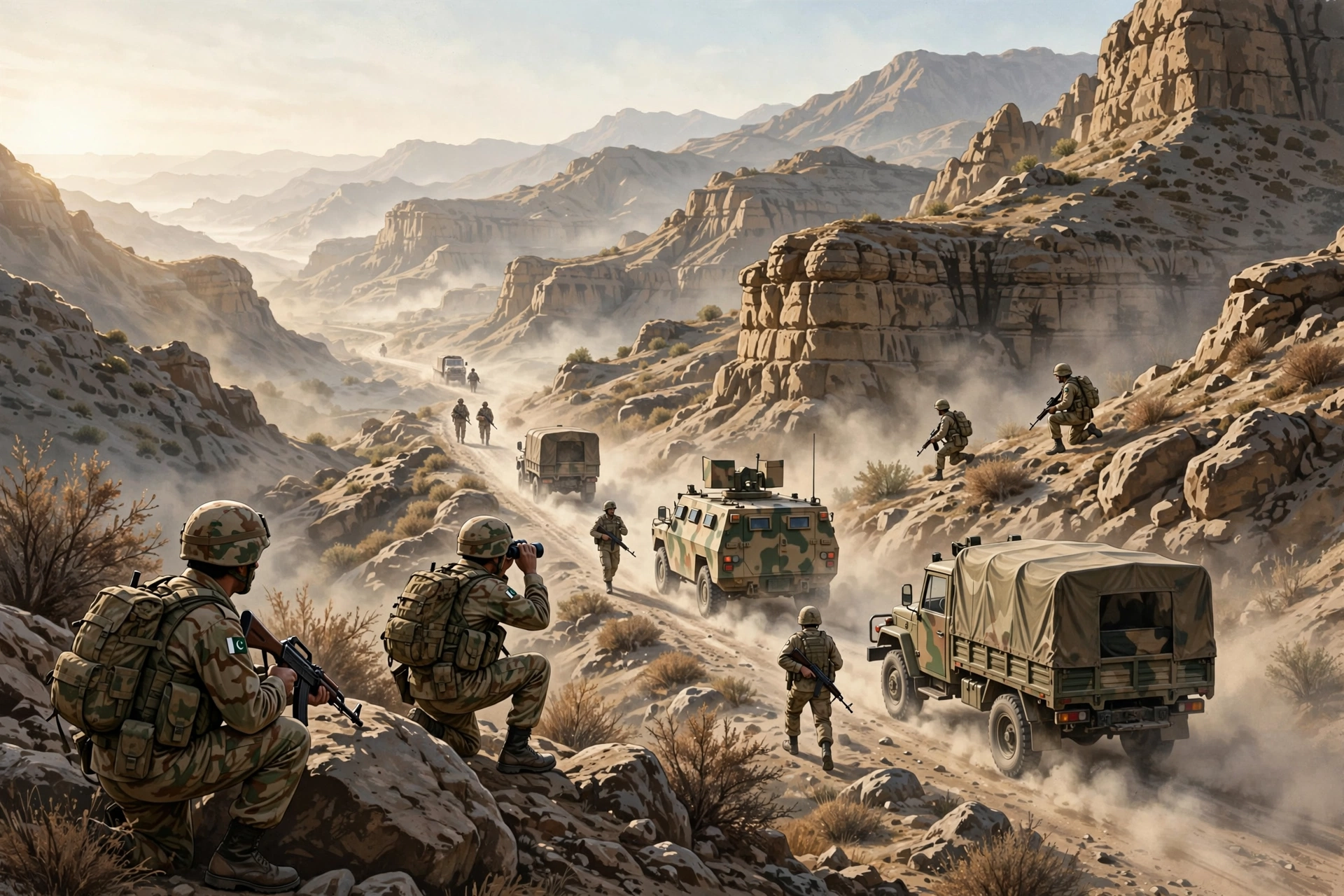 Editorial illustration of Pakistani soldiers and an army convoy conducting a security operation in the rocky mountains of Balochistan, October 2026