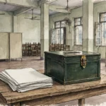 Editorial illustration of a ballot box and blank voting papers on a wooden table inside an empty polling station hall with voting booths, October 2026