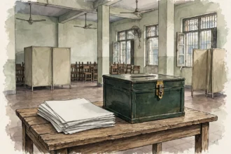 Editorial illustration of a ballot box and blank voting papers on a wooden table inside an empty polling station hall with voting booths, October 2026