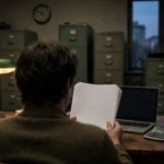 Taxpayer seen from behind holding blank tax documents at a desk with a laptop and calculator in a dim tax office at dusk