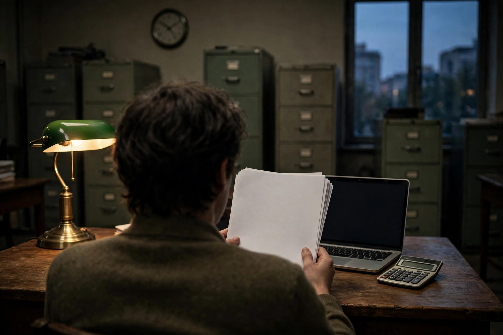 Taxpayer seen from behind holding blank tax documents at a desk with a laptop and calculator in a dim tax office at dusk