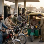 Motorcyclists and rickshaw drivers refuelling at a petrol pump in Pakistan under fuel subsidy October 2026