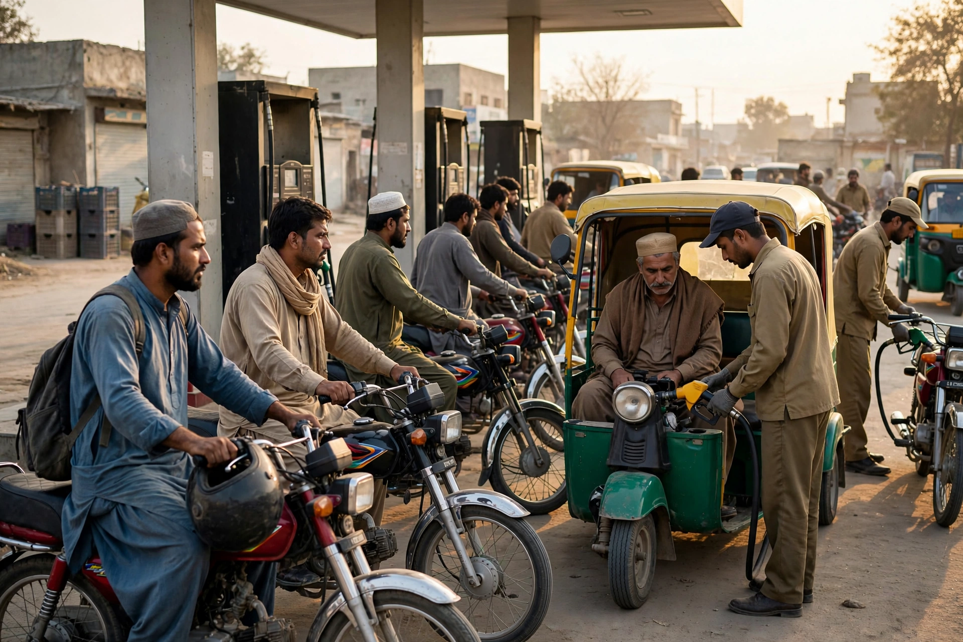 Motorcyclists and rickshaw drivers refuelling at a petrol pump in Pakistan under fuel subsidy October 2026
