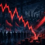 Editorial illustration of a red stock market chart plunging downward over a trading floor with ticker boards, oil barrels and an oil refinery in the background, depicting a market selloff driven by an oil price shock.