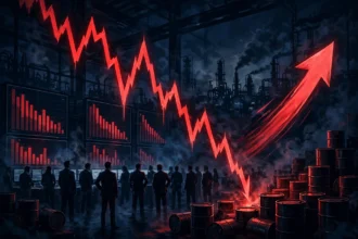 Editorial illustration of a red stock market chart plunging downward over a trading floor with ticker boards, oil barrels and an oil refinery in the background, depicting a market selloff driven by an oil price shock.