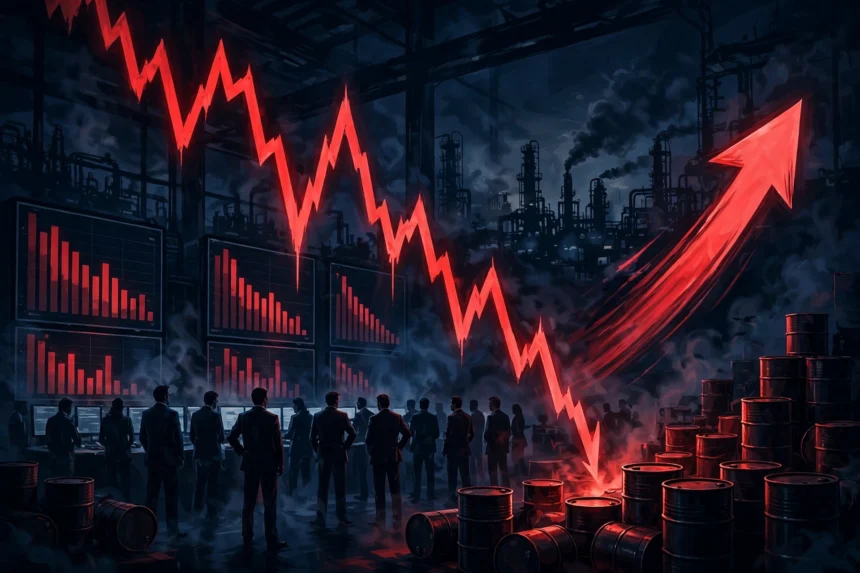Editorial illustration of a red stock market chart plunging downward over a trading floor with ticker boards, oil barrels and an oil refinery in the background, depicting a market selloff driven by an oil price shock.