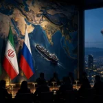 Editorial illustration of a diplomatic summit in Tehran at dusk, with the flags of Pakistan, Iran and Russia beside a conference table of silhouetted diplomats, an oil tanker on a world map behind them and the Milad Tower seen through the window.