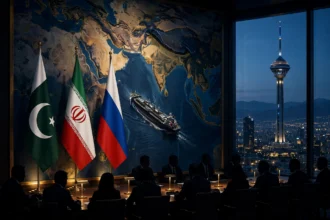 Editorial illustration of a diplomatic summit in Tehran at dusk, with the flags of Pakistan, Iran and Russia beside a conference table of silhouetted diplomats, an oil tanker on a world map behind them and the Milad Tower seen through the window.