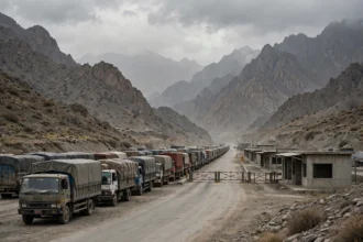 AI-generated editorial illustration of a long queue of idle cargo trucks waiting at a mountain border crossing with closed barriers and empty customs booths under an overcast sky.