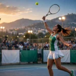 Editorial illustration of a female tennis player serving on an outdoor hard court at golden hour in Islamabad, with floodlights on, a blurred crowd in the stands and green and white banners along the fence.