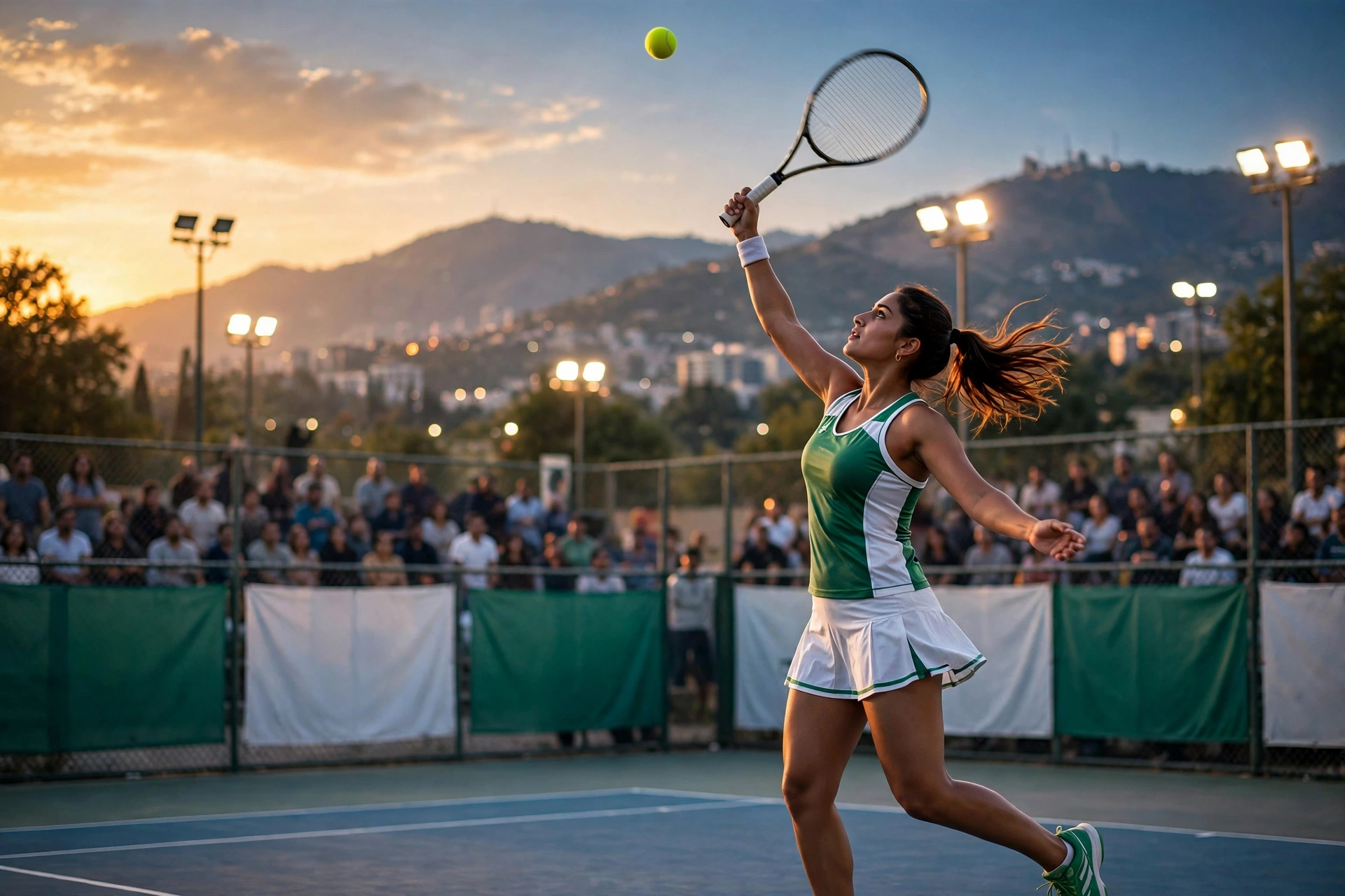 Editorial illustration of a female tennis player serving on an outdoor hard court at golden hour in Islamabad, with floodlights on, a blurred crowd in the stands and green and white banners along the fence.